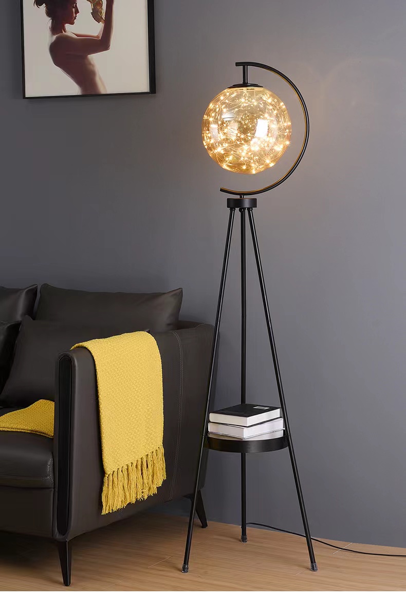 Led Metal Amber Glass Ball Style Gold Modern Iron Nordic Floor Lamp