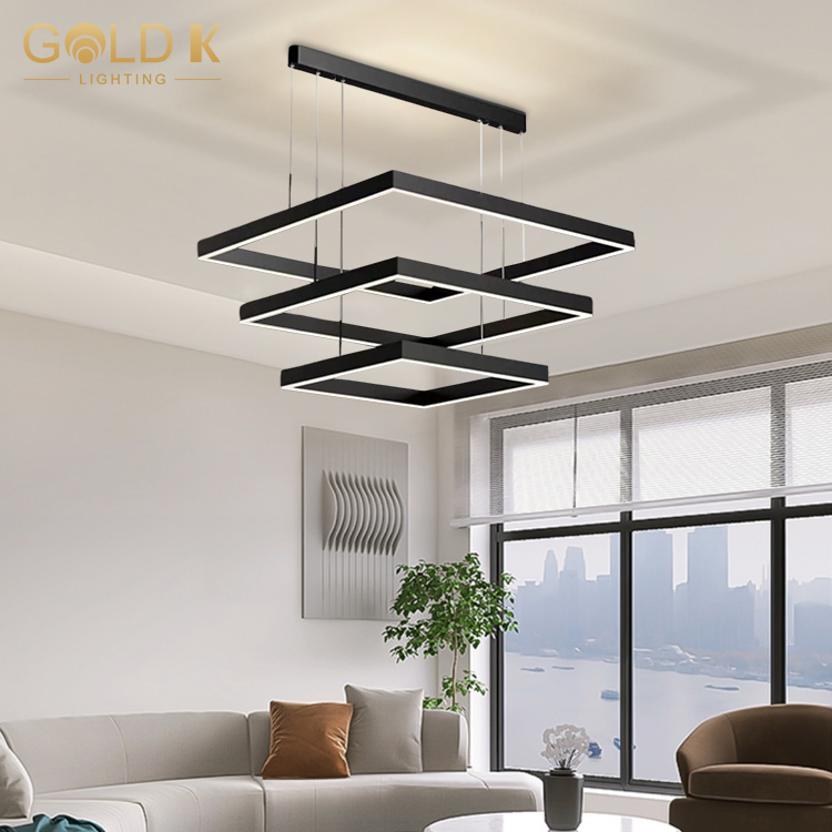 3 Layers Square Liner Led Pendant Ceiling Light Black Simple Handling Lamp