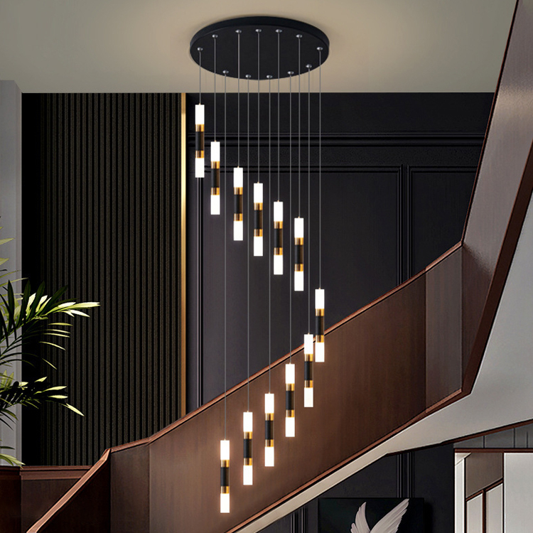 Modern Black Strip-shaped Led Staircase Decorated with Chandeliers