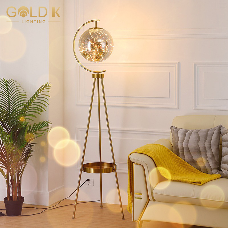 Led Metal Amber Glass Ball Style Gold Modern Iron Nordic Floor Lamp