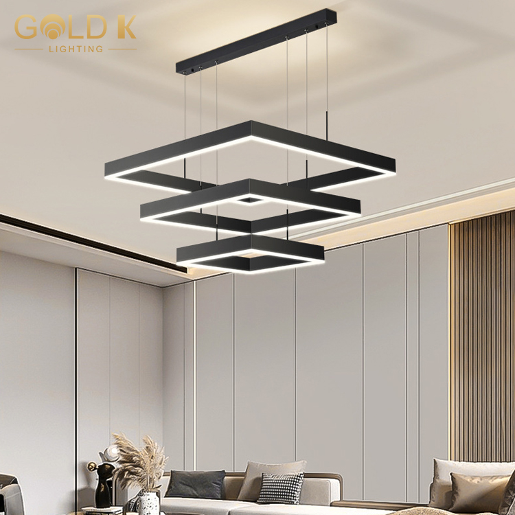 3 Layers Square Liner Led Pendant Ceiling Light Black Simple Handling Lamp