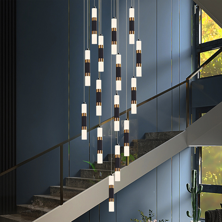 Modern Black Strip-shaped Led Staircase Decorated with Chandeliers